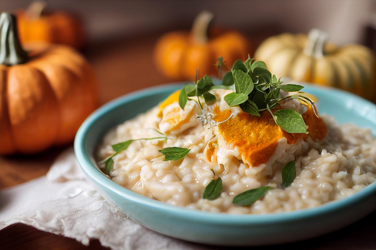 Risotto cremoso con zucca e semi tostati, servito in un piatto elegante.