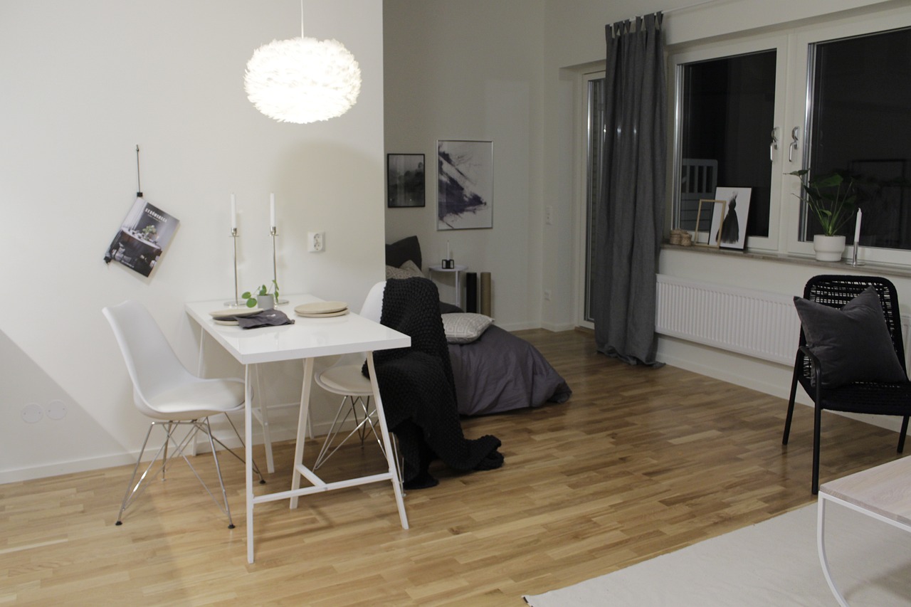 Interno di un monolocale arredato con soluzioni salvaspazio e decorazioni moderne.