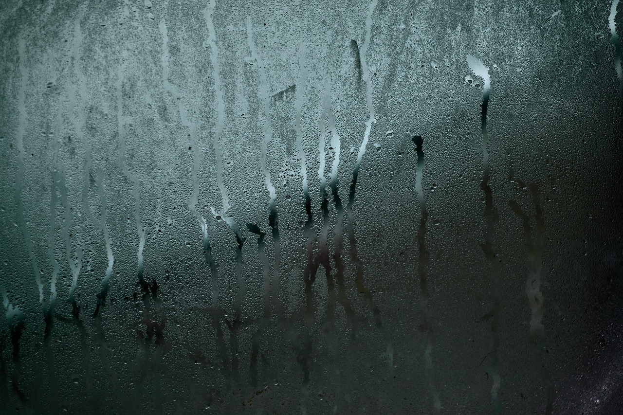 Condensa sui vetri di una finestra, evidenziando umidità e formazione di gocce d'acqua.