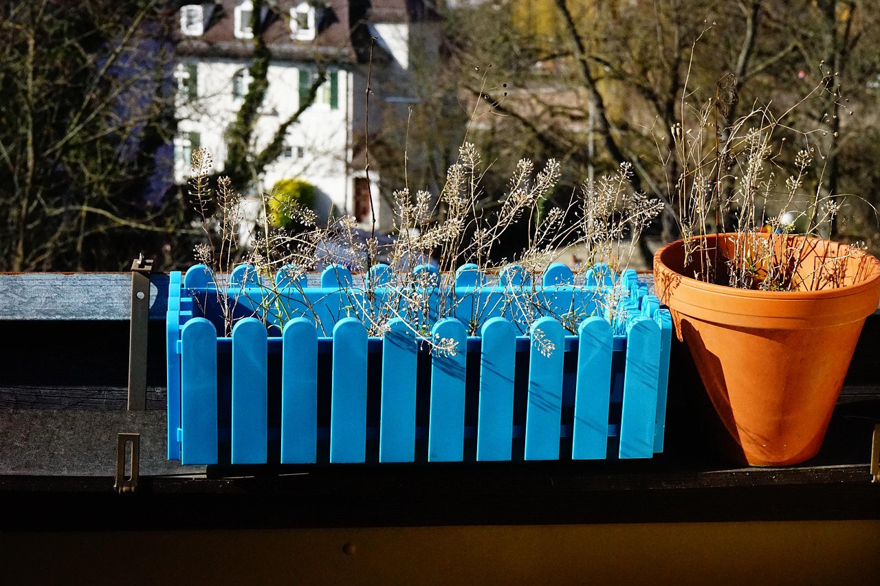 Piante fresche in vaso su un balcone soleggiato, pronte per la coltivazione primaverile.